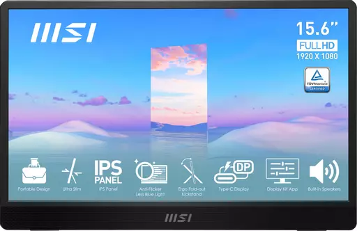 MSI Pro MP161 15.6" Portable Monitor, Adjustable kickstand, FHD (1920 x 1080), 60Hz, IPS, 2x USB-C, Mini HDMI, Speakers, Anti-Flicker, Less Blue light, Black