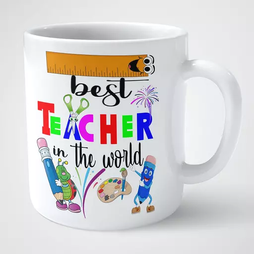 Personalised mug gift for teacher. Custom best teacher in the world text