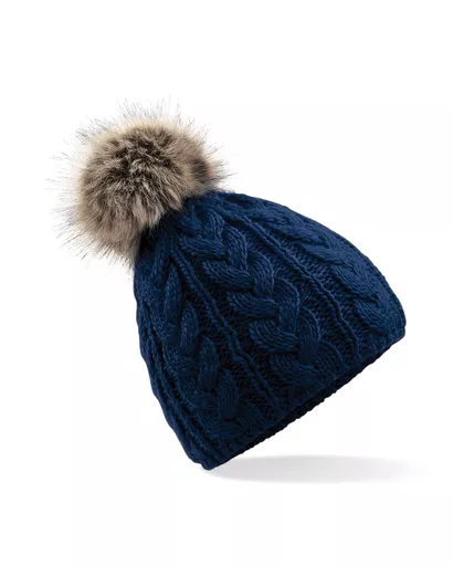Faux Fur Pom Pom Cable Beanie