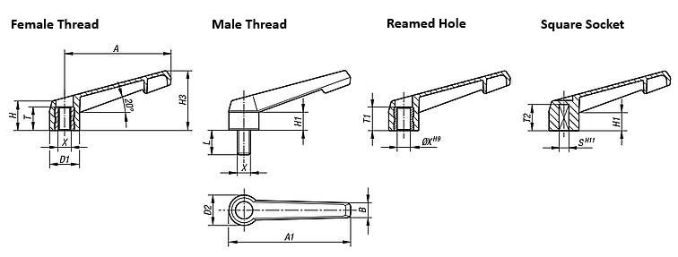Non Adjustable Clamp Lever. 40mm Handle Length. M4 Thread.
