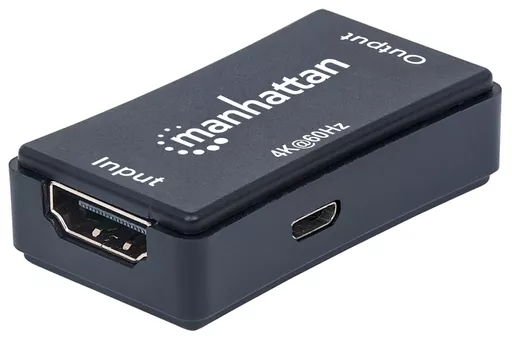 Manhattan HDMI Repeater, 4K@60Hz, Active, Boosts HDMI Signal up to 40m, Black, Three Year Warranty, Blister