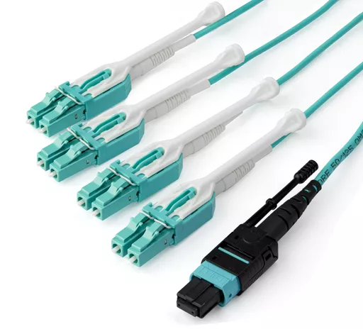 StarTech.com 3m (10ft) MTP(F)/PC to 4x LC/PC Duplex Breakout OM3 Multimode Fiber Optic Cable, OFNP Plenum, 40G Networks, Low Insertion Loss - Fiber Jumper Cord