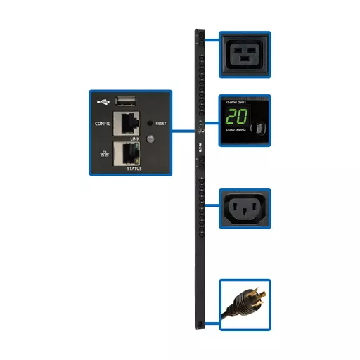 Tripp Lite PDUMV20HVNETLX 3.7kW Single-Phase Switched PDU - LX Interface, 208/230V Outlets (20 C13 & 4 C19), C20/L6-20P, 0U, TAA