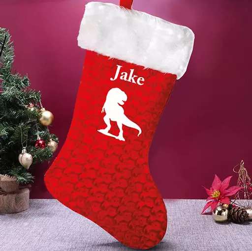 Deluxe Red Velvet Personalised Christmas Stocking for Dino Lovers