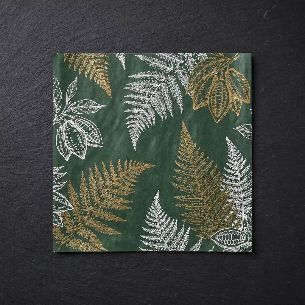 Custom printed greaseproof paper sheet with full colour dark green and gold botanical design