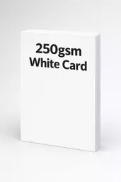 Stack of white card shown upright with text overlay reading “250gsm white card”.