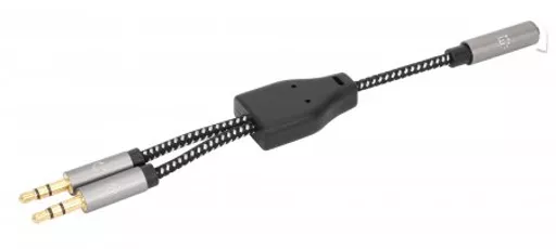 Manhattan Headset Adapter Cable with Stereo Audio Y-Splitter, 3.5mm, Aux, 15cm, Female/2x Male, Splits Single Headset Plug into Microphone and Audio Plugs, Slim Design, Black/Silver, Gold plated contacts and pure oxygen-free copper wire, Lifetime Warranty