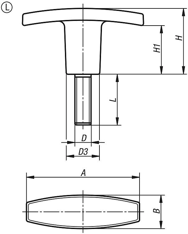 T Grip. M12x40mm Steel Thread. Grip Width 80mm. Plastic.