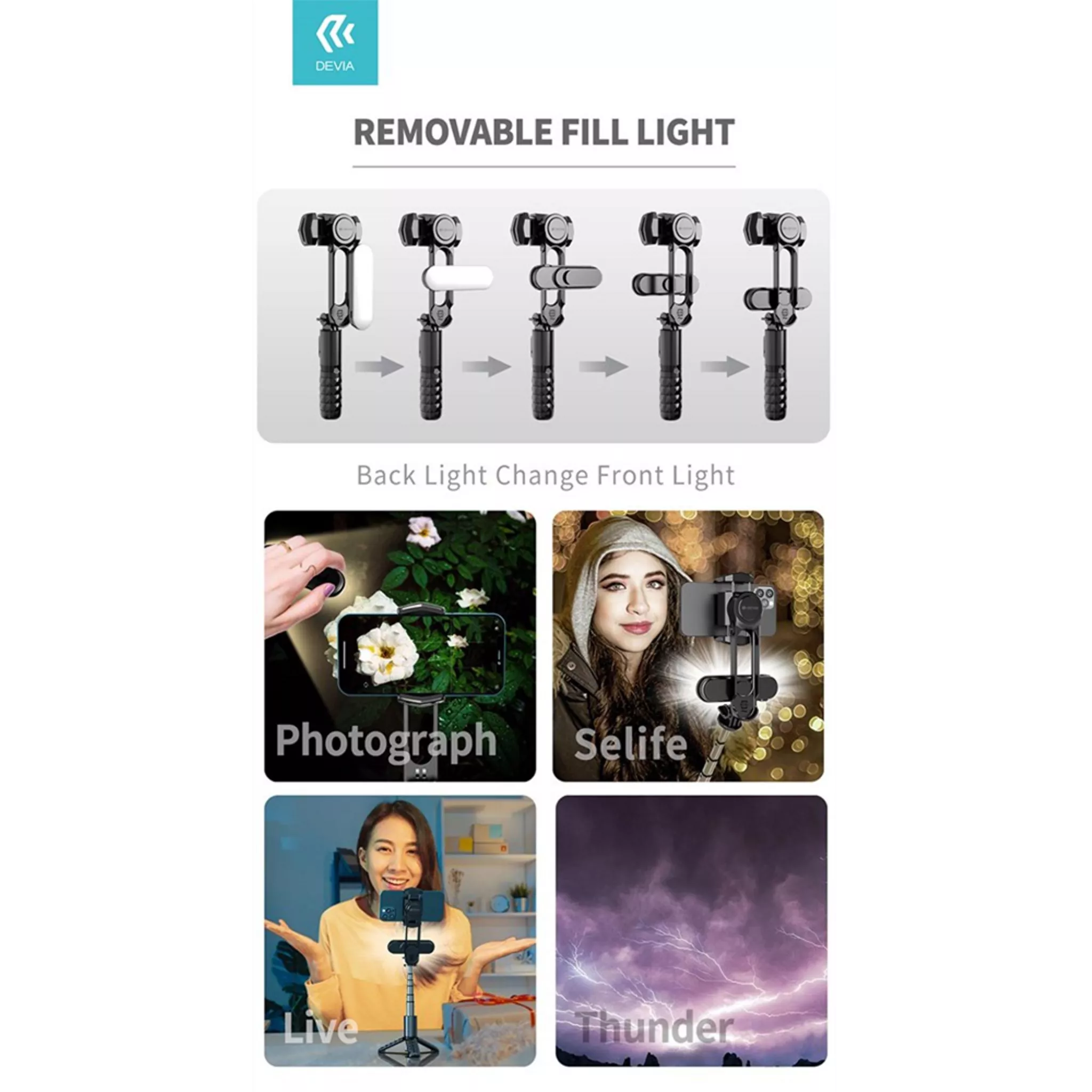 Handheld Gimbal Stabiliser Bluetooth Selfie Stick, Tripod & Light Bar in Default