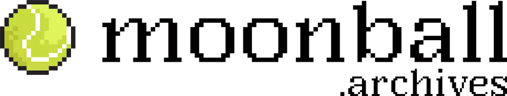 Pixel art tennis logo with a tennis ball and the word "moonball.archives" in black