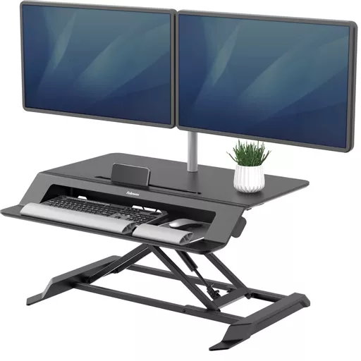 Fellowes Sit Stand Desk Riser - Lotus LT Height Adjustable Sit Stand Desk Converter with Convenient Device Channel - No Assembly Required - Max Weight 17KG - Black