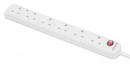 Manhattan Power Distribution Unit UK, x6 gang/output with on/off switch (neon) and Surge Protection, 2m cable, 13A, White, Extension Lead, PDU, Power Strip, Three Year Warranty