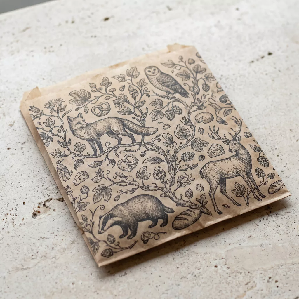 Kraft greaseproof flat bag with intricate illustrated woodland print design