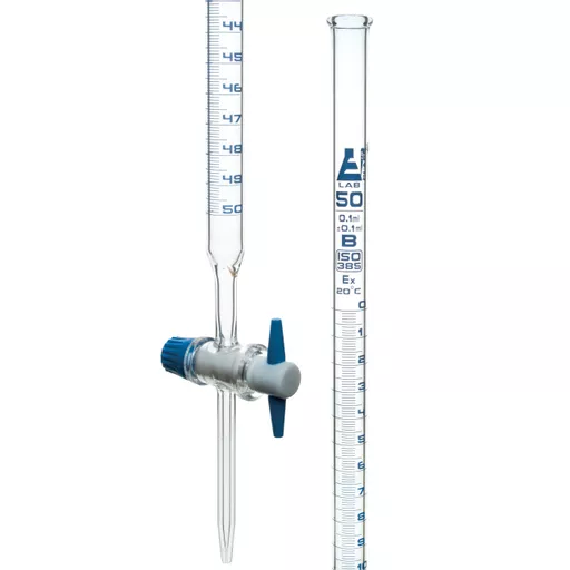 Burette, soda glass, 50 cm3 x 0.1, one way PTFE key stopcock