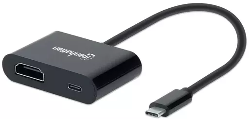 Manhattan USB-C to HDMI and USB-C (inc Power Delivery), 4K@60Hz, 19.5cm, Black, Power Delivery to USB-C Port (60W), Equivalent to CDP2HDUCP, Male to Females, Lifetime Warranty, Retail Box