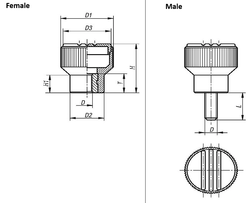 Knurled Knob. M6 Thread. 21mm Grip Diameter. Blue Cap. Steel Thread.