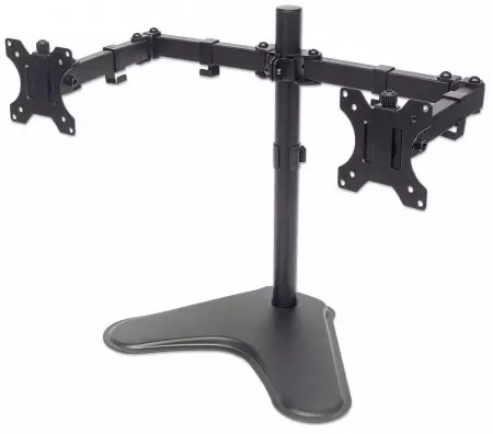 Manhattan TV & Monitor Mount, Desk, Double-Link Arms, 2 screens, Screen Sizes: 10-27", Black, Stand Assembly, Dual Screen, VESA 75x75 to 100x100mm, Max 8kg (each), Lifetime Warranty