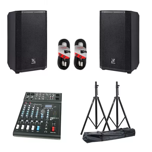 Studiomaster Vortex 12A Active Speakers with Mixer & Stand Kit