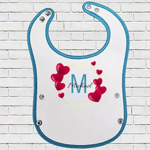 Blue Pocket Baby Bib with Hearts Design - Personalise with Name & Initial