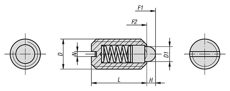 Spring Plunger. Thread M6. Length 14mm. Pin Diameter 2.7mm. Spring Force 11N. Stainless Steel.