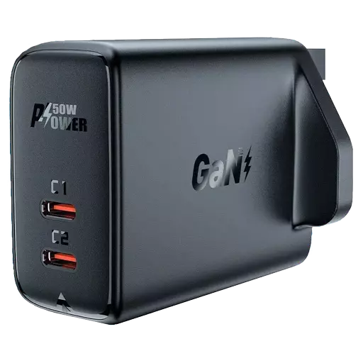 Acefast - 50W GaN Dual USB-C & USB Power Delivery 3-Pin UK Charging Plug - Black