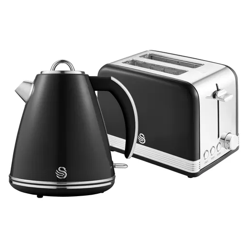 Swan Retro Kitchen Set, 1.5L Fast Boil Kettle & 2 Slice Toaster in Black