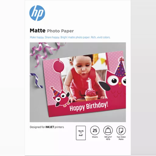 HP Matte Photo Paper, 180 g/m2, 10 x 15 cm (101 x 152 mm), 25 sheets