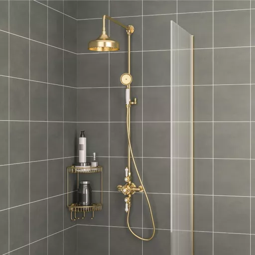 Traditional Twin Thermostatic exposed shower Valve, Rigid riser, 8'' Rose Head - Brushed Brass