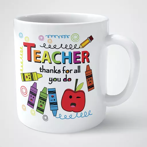 custom thanks for all you do teacher mug. Personalised with name & photos