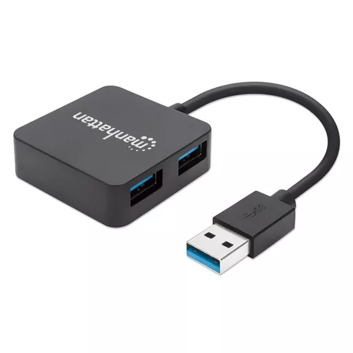 Manhattan USB-A 4-Port Hub, 4x USB-A Ports, 5 Gbps (USB 3.2 Gen1 aka USB 3.0), Bus Power, Equivalent to ST4300MINU3B, Fast charging x1 Port up to 0.9A or x4 Ports with power jack (not included), SuperSpeed USB, Black, Three Year Warranty, Blister