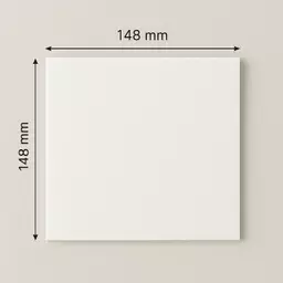  Square white pre-scored card standing upright, with black measurement lines showing 148mm width and height.