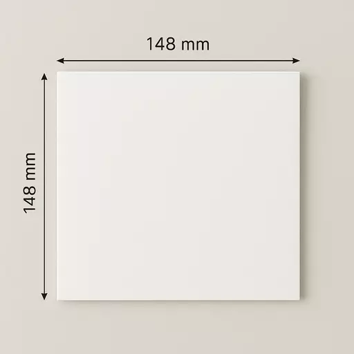  Square white pre-scored card standing upright, with black measurement lines showing 148mm width and height.
