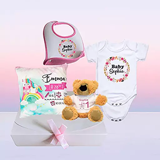 Personalised baby hamper gift set for newborn. Ideals for christening, birthdays, baby showers