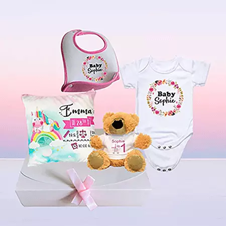Personalised Baby Hamper - Cushion, Baby Grow, Bib, Teddy Bear and a Comforter