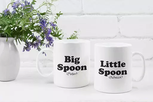 Cute Personalised big spoon little spoon humorous couple mugs. Custom name gift for funny couples