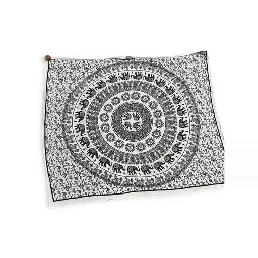 Bohemian Black and White Indian Mandala Elephant Cotton Tapestry Wall Hanging