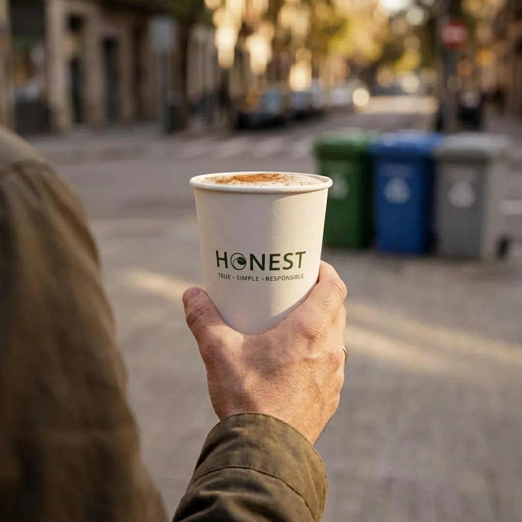 Person holding an HONEST cup on a city street