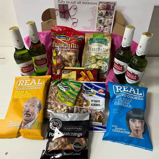 Stella Beer Bottles and Snacks Hamper with Personalised Message
