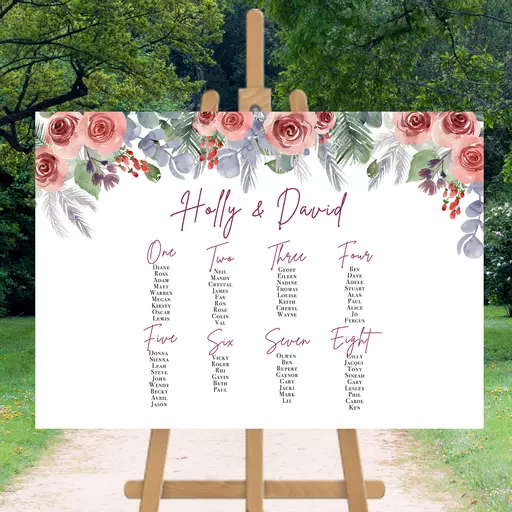 Personalised Wedding Table Plan Pink Roses & Berries
