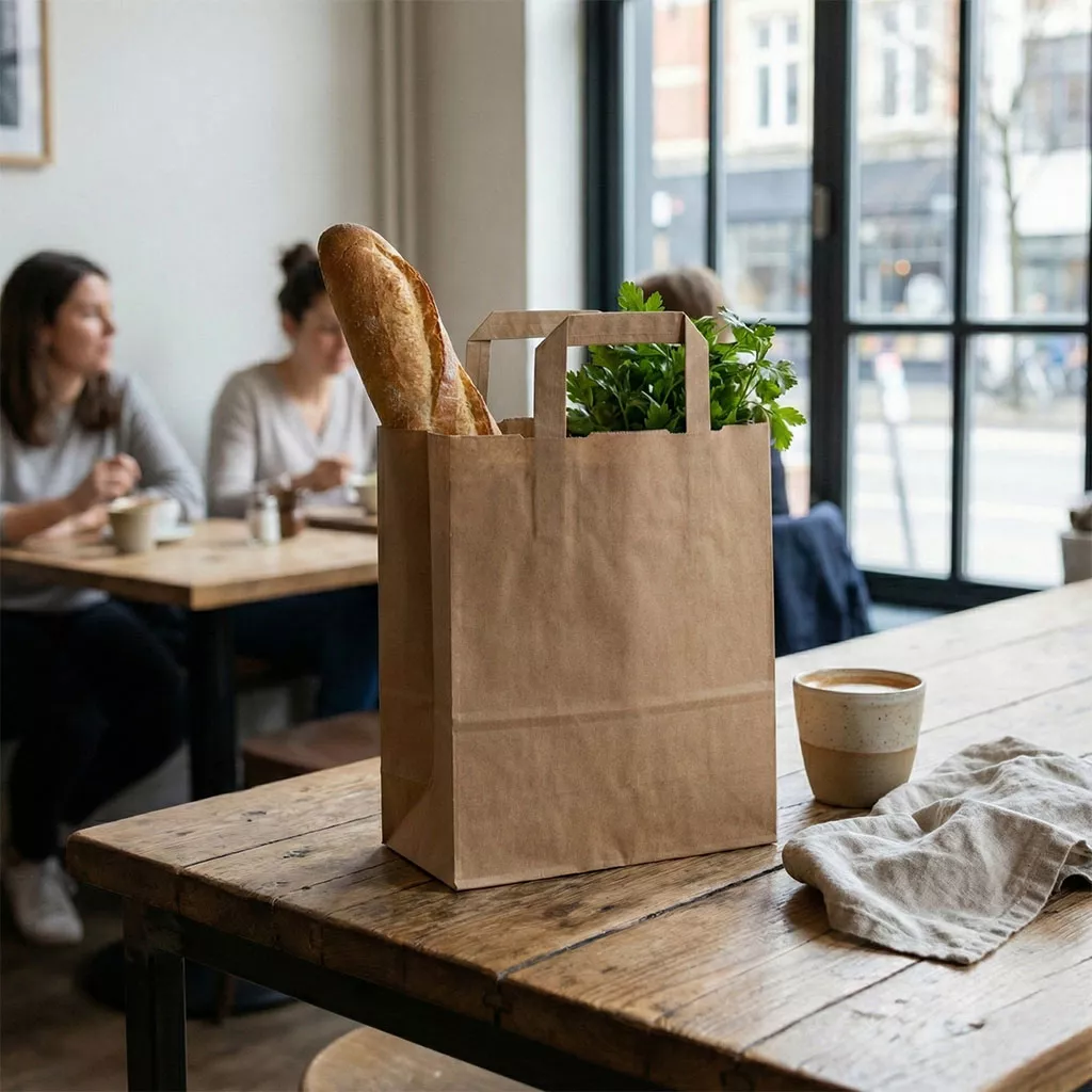 Flat handle paper bags in multiple sizes for takeaway and food service