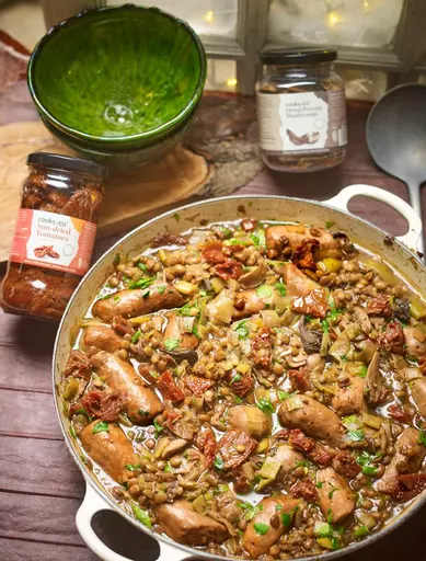 Sausage and Lentil Stew with Porcini Mushrooms