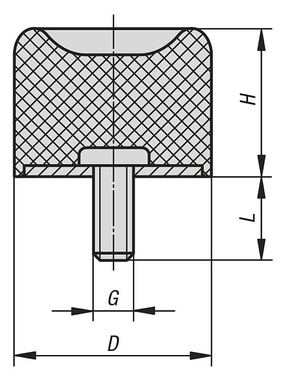 Rubber Metal Buffer. Anti Vibration Mount. 70mm Diameter. 30mm High. M10x28mm Thread. Steel.
