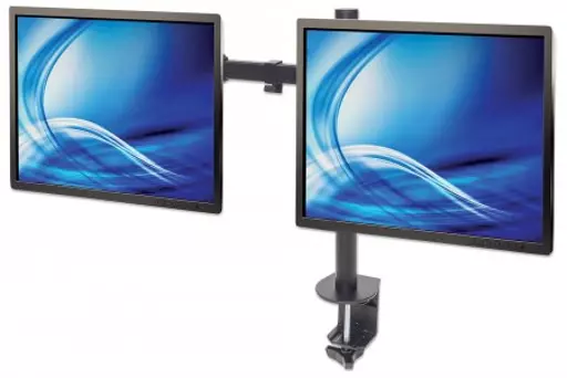 Manhattan TV & Monitor Mount, Desk, Full Motion, 2 Screens, Screen Sizes: 10-27", Black, Clamp Assembly, Dual Screen, VESA 75x75 to 100x100mm, Max 8kg (each), Lifetime Warranty