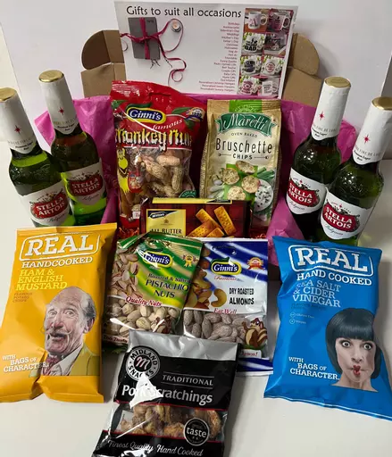 Stella Beer Bottles and Snacks Hamper with Personalised Christmas Card
