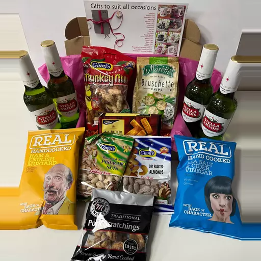 Stella Beer Bottles and Snacks Hamper with Personalised Christmas Card