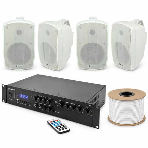Adastra A2 Background Music System with 4 White BH-6W Speakers & 50m Cable