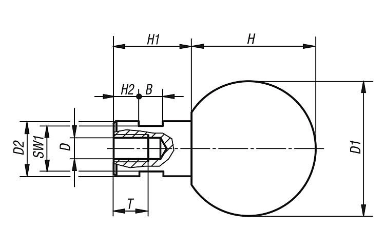 BALL GRIP REVOLVING D1=50 D=M12 DUROPLAST, COMP:STEEL