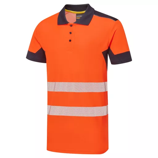 SYH-304D-System-Hi-Vis-Eco-CottonCool-Short-Sleeve-Yellow-Navy-Polo-Front Angle Left With Segmented Tape.png