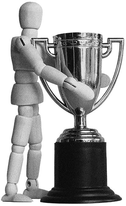 Wooden model holding a life size trophy