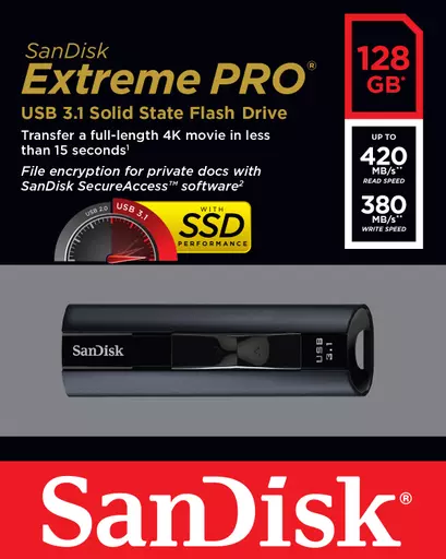 SanDisk Extreme Pro USB flash drive 128 GB USB Type-A 3.2 Gen 1 (3.1 Gen 1) Black